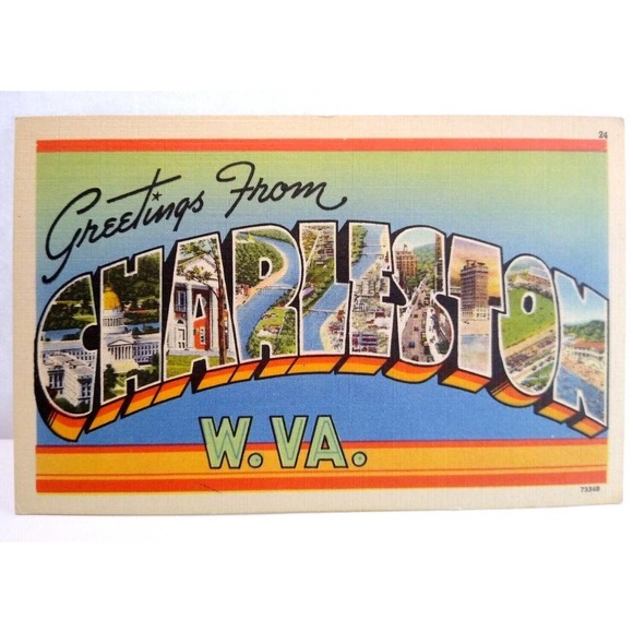 Greetings From Charleston West Virginia Large Big Letter Postcard Linen WV - Picture 1 of 3